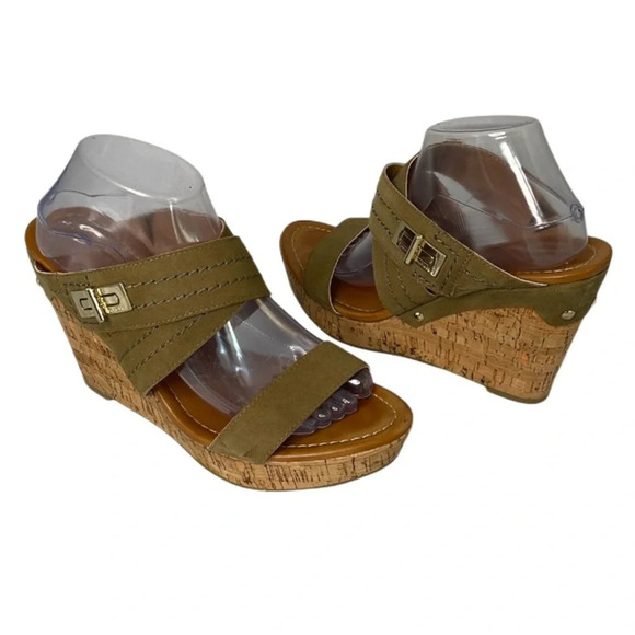 TOMMY HILFIGER Mili Platform Wedge Sandals Olive Green Suede Leather Gold 10 - Picture 1 of 13